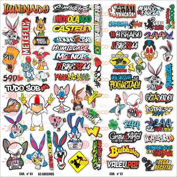cartela N 61 com 63 Adesivos Super Cartela Para Bike Capacete Moto Carro - INFOCO Imagem de cartela N 61 com 63 Adesivos Super Cartela Para Bike Capacete Moto Carro