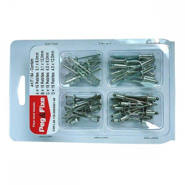 Imagem de Cartela Rebite Repuxo Aluminio Peg&Fixe Kit 60 Pecas  Akit/64