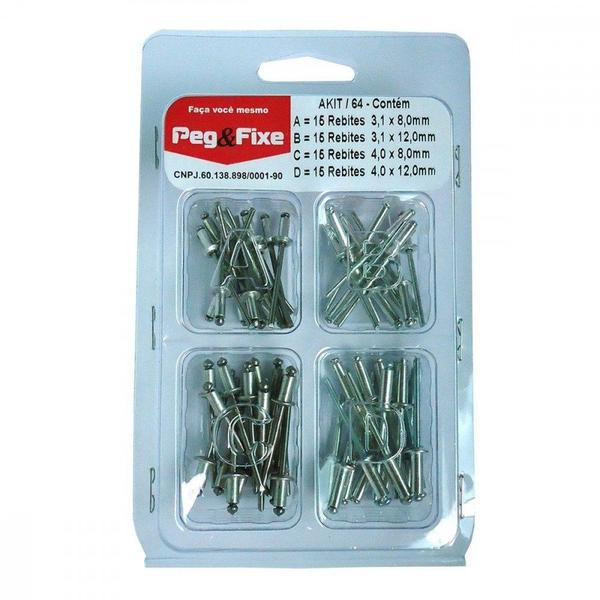 Imagem de Cartela Rebite Repuxo Aluminio Peg&Fixe Kit 60 Pecas Akit/64