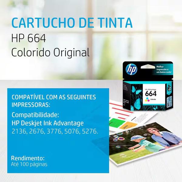 Cartucho HP 664 Colorido Original (F6V28AB) Para HP Deskjet 2136, 2676, 3776, 5076, 5276 Imagem de Cartucho HP 664 Colorido Original (F6V28AB) Para HP Deskjet 2136, 2676, 3776, 5076, 5276