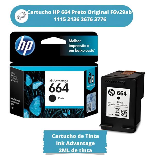 Cartucho HP 664 Preto Original Para HP Deskjet 2136, 2676, 3776, 5076, 5276 Imagem de Cartucho HP 664 Preto Original Para HP Deskjet 2136, 2676, 3776, 5076, 5276