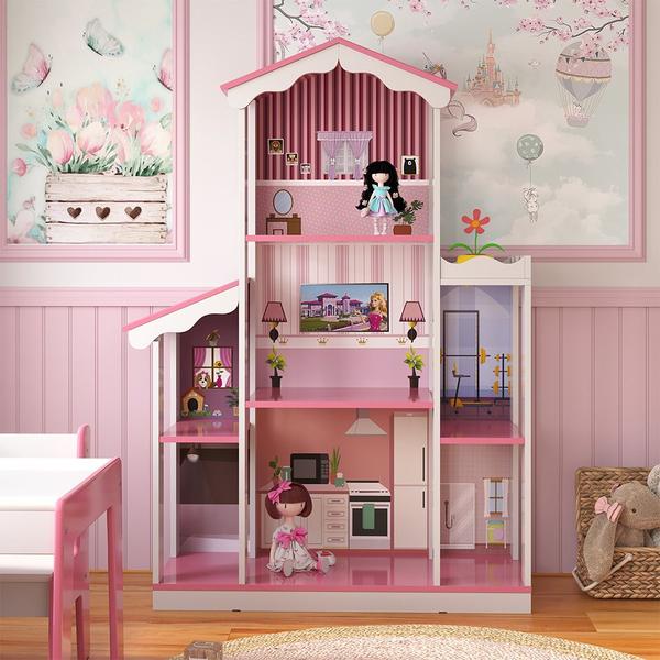 Imagem de Casa Casinha de Bonecas Infantil Cosmo 8 Cômodos MDF/MDP Rosa/Branco G50 - Encantum