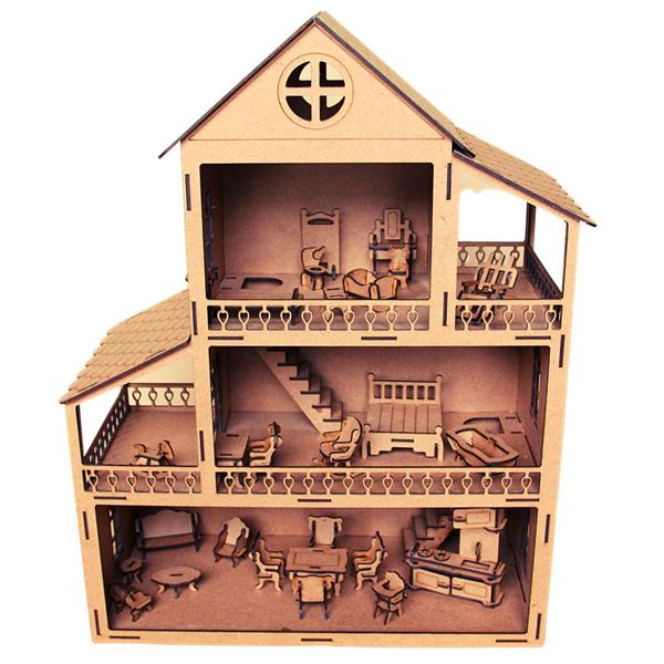 Casa De Boneca 60Cm + Kit Móveis Polly Lol Mdf Cru - Doce Arte Em Madeira Imagem de Casa De Boneca 60Cm + Kit Móveis Polly Lol Mdf Cru