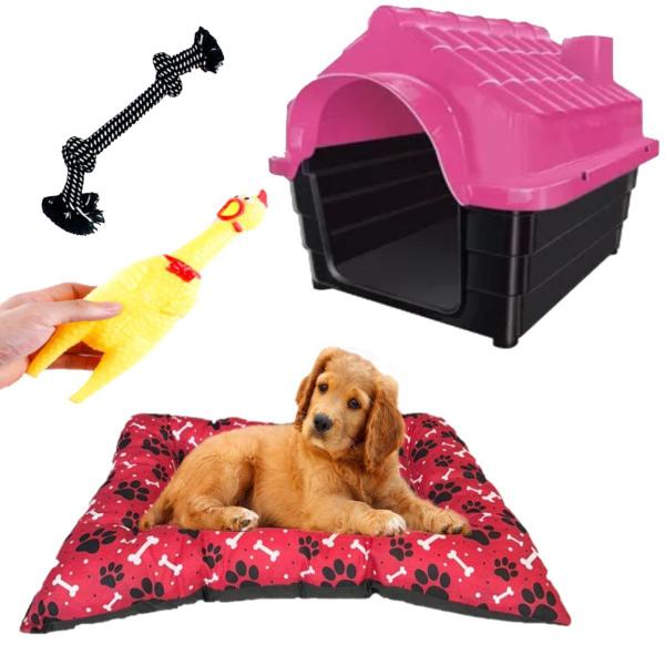 Imagem de Casa Para Cães N3 Rosa + Mordedor e Corda + Cama Pet Rosa