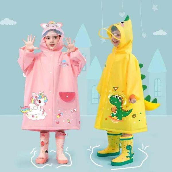 Imagem de Casaco Poncho De Chuva Infantil Dinossauro Unicórnio À Prova D'água Com Mochila Para Estudantes