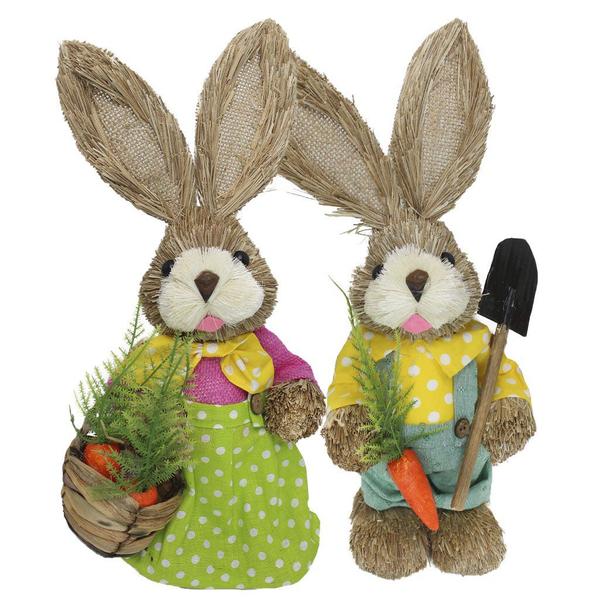 Imagem de Casal De Coelhos De Palha Páscoa Decoração Enfeite Coelhinhos 34cm