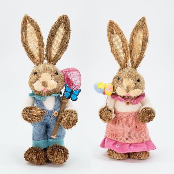 Imagem de Casal De Coelhos De Páscoa Decoração Coelhinhos Caçadores 35cm