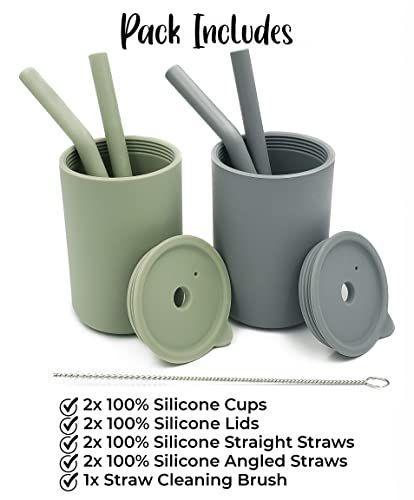 Imagem de Cascade Kids Silicone Kids Cups com canudos e tampas, (2 pacotes), não plástico, sem BPA, Inquebrável, Prova de Cheiro, para Crianças e Crianças 6+ Meses, 6oz, (Sage Green, Stone Grey)