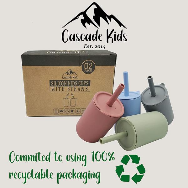 Imagem de Cascade Kids Silicone Kids Cups com canudos e tampas, (2 pacotes), não plástico, sem BPA, Inquebrável, Prova de Cheiro, para Crianças e Crianças 6+ Meses, 6oz, (Sage Green, Stone Grey)