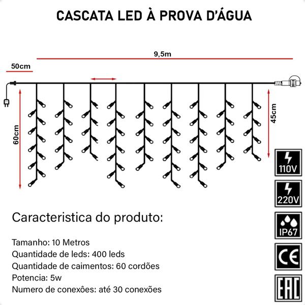 Imagem de Cascata 400 Led Fixo Prova D'água Bivolt 31v 9,5m M/f Natal 110V/220V