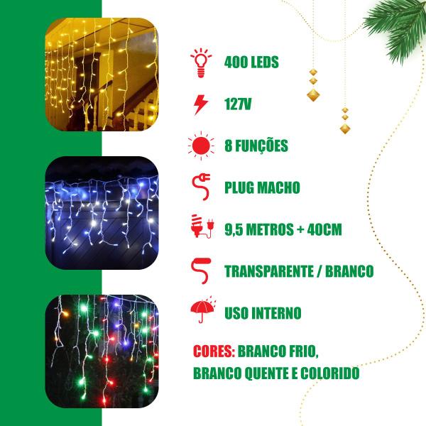 Imagem de Cascata 400 Leds Branco Frio Pisca 9,5 Metros Decoração Natal 8 Funções 110v 