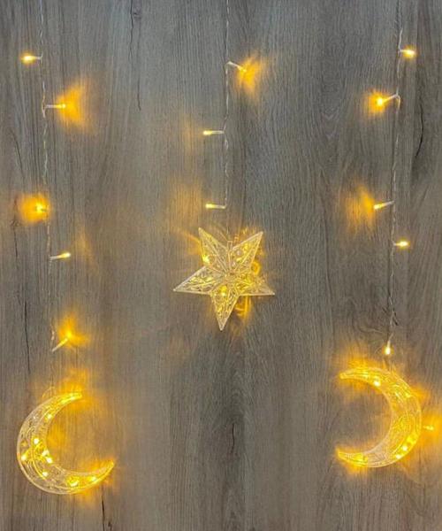 Imagem de Cascata Decoração De Natal Luas Estrelas Pisca Amarelo De 3M