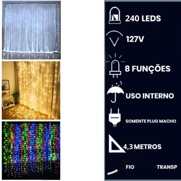 Imagem de Cascata Led 240 Cortina Iluminação Decoração Natal Luz 4,3m