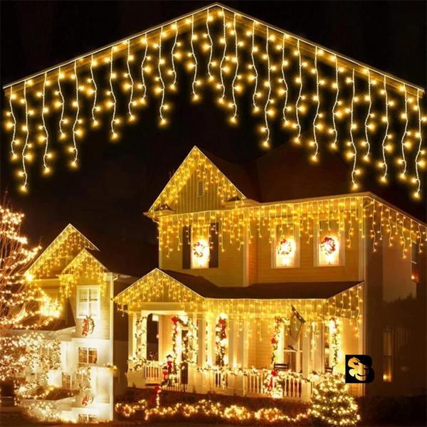 Imagem de Cascata Luminosa 240 Led Branco Quente Com 8 Funções 4,3m Natal Pisca Pisca Decoração Fachada Festa