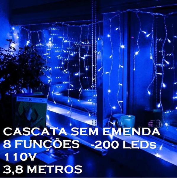 Imagem de Cascata Pisca 200 Leds Natal 3,8 Mts Luz Azul 8 Funções 110v