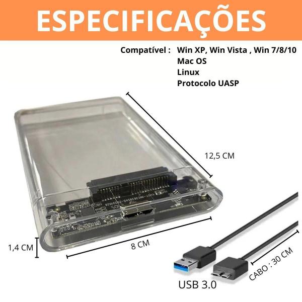 Imagem de Case USB HD/SSD SATA 3.0 Externo para Notebook Adaptador Transparente