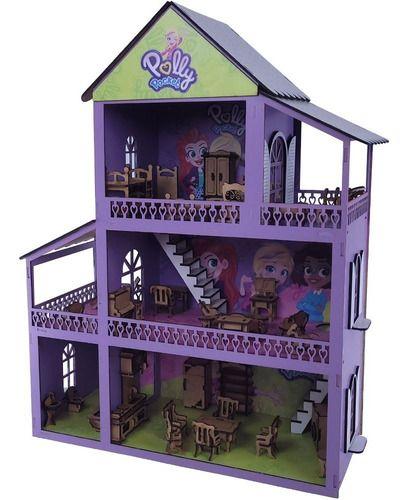 Imagem de Casinha De Boneca Polly Mdf Pintada Adesivada + 43 Móveis