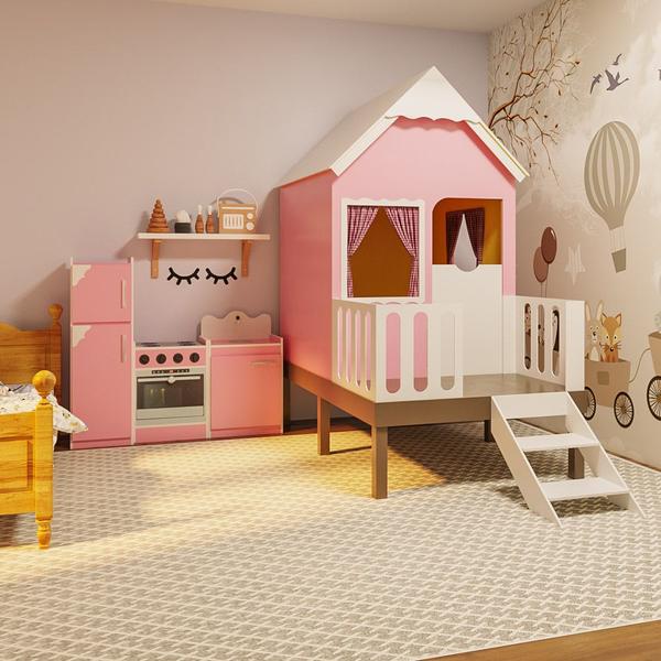 Imagem de Casinha de Brinquedo Alta Rosa com Cercado e Telhado Branco L12 - Criança Feliz