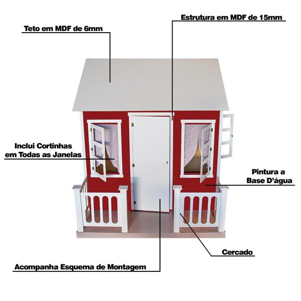 Imagem de Casinha de Brinquedo com Cercado e Cortinas Vermelho/Branco L12 - Criança Feliz