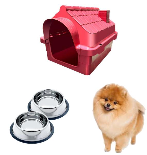 Imagem de Casinha Resistente N1 E 2 Tigela Chalesco Inox Comedouro Pet