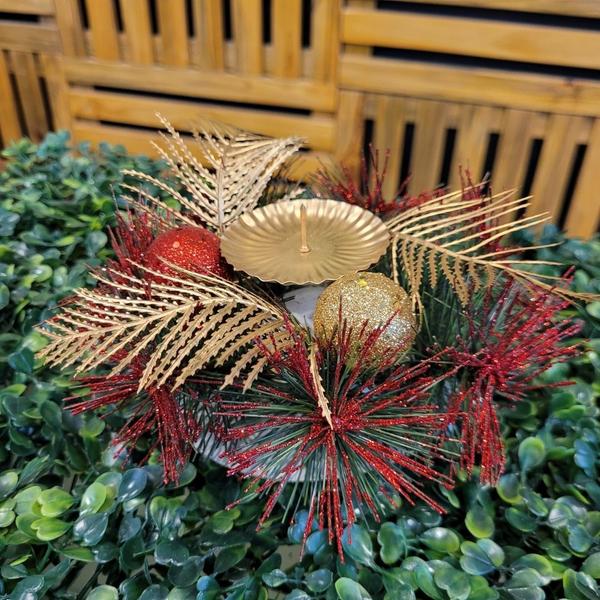 Imagem de Castiçal De Natal Decorado Luxo Bolas e Folhagens Dourado e Vermelho 15cm - Master Christmas