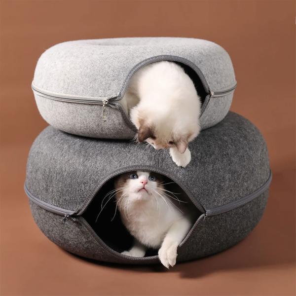 Imagem de Cat Tunnel Bed PLIISLUP para gatos domésticos com 3 brinquedos, máximo de 30 libras