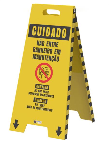 Imagem de Cavalete De Sinalização Cuidado Não Entre Banheiro Em Manutenção - Trilíngue