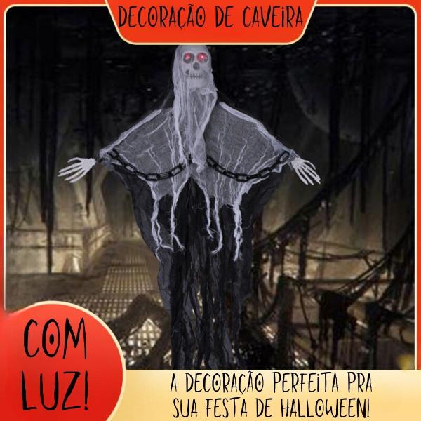 Imagem de Caveira Decorativa pra Sua Festa de Halloween com Luz e Som Grande e Articulada