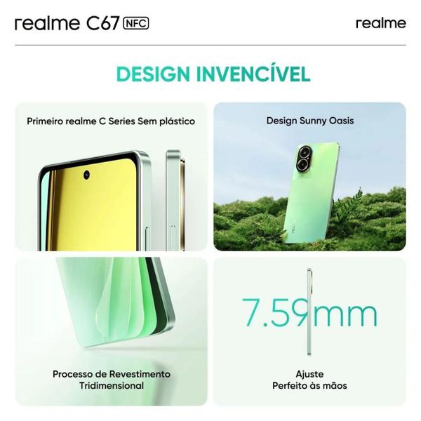 Imagem de Celular Realme C67 NFC câmera 108MPX 256GB + 16GB Ram Premium Design Tela 6.74" Resistente a água e impacto IPX54 Global Dual Sim lançamento 2024