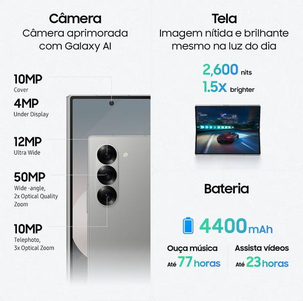 Imagem de Celular Samsung Galaxy Z Fold6 5G, 512GB, 12GB RAM, Tela 7.6" + 6.3", Câm. Traseira 50+12+10MP, Frontal 10+4MP