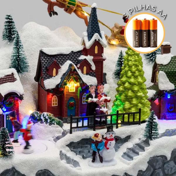 Imagem de Cenário de Natal Miniatura Luxo Vila Iluminada Musical com Movimento Papai Noel Trenó Renas e Neve