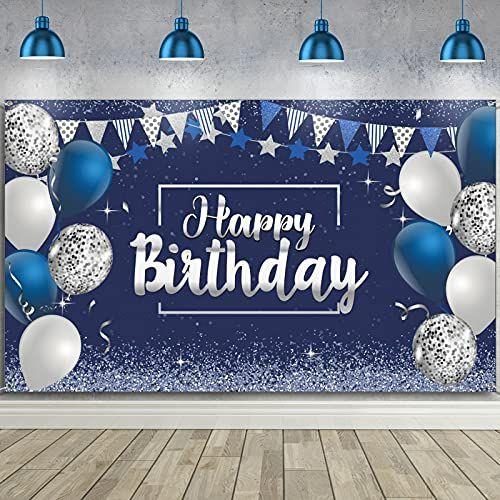 Imagem de Cenário Feliz Aniversário Decoração - Azul e Prata Glitter - Fundo Fotográfico 72,8 x 43,3'