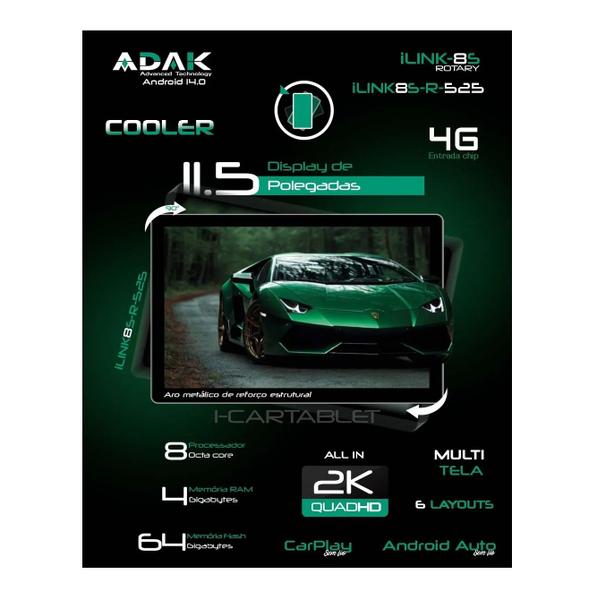 Central Multimida Android 14 OctaCore 4/64GB Tela Giratoria 2K