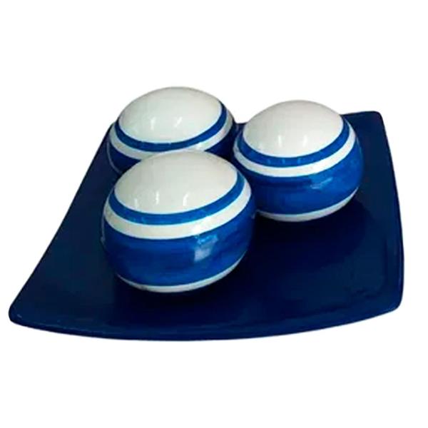 Imagem de Centro de Mesa Prato 3 Esferas em Cerâmica Decor - Azul e Branco