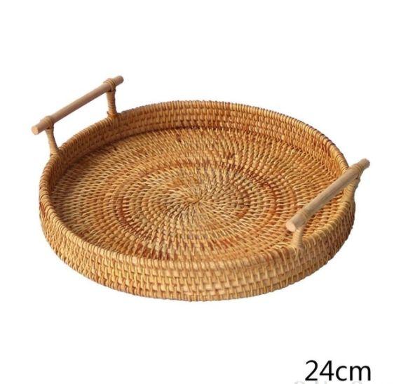 Imagem de Cesta de armazenamento de frutas de tecido redondo Rattan Pão servindo prato de bandeja artesanal com alça de madeira Clássico Au10 20 Dropship Bandejas de armazenamento (M)