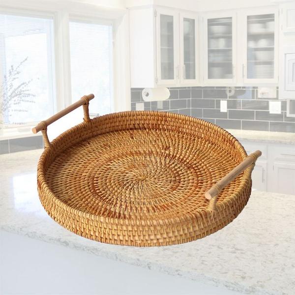 Imagem de Cesta de armazenamento de frutas de tecido redondo Rattan Pão servindo prato de bandeja artesanal com alça de madeira Retro Clássico Picnic Prop Bandejas de armazenamento (L)