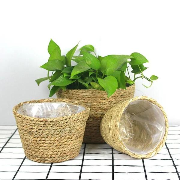 Imagem de Cesta de Armazenamento de Palha Tecida à Mão - Vime, Rattan e Seagrass - Para Lavanderia, Jardim e Decoração