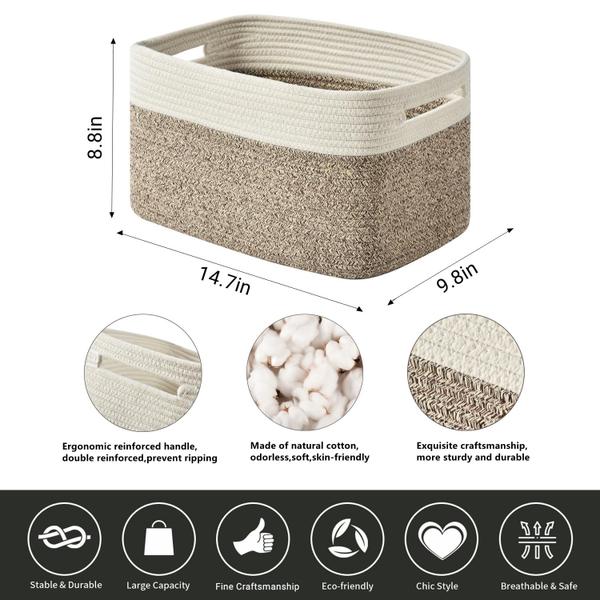 Imagem de Cesta de armazenamento Issudata Cotton Rope, pacote com 3 unidades, marrom, 15x10x9in