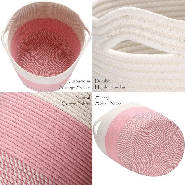 Imagem de Cesta de armazenamento Sea Team, corda de algodão grande, tecida em branco e rosa