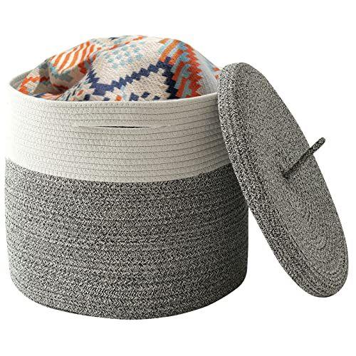 Imagem de Cesta de Armazenamento Tecida com Tampa - Grande Cesta de Lavanderia de Corda de Algodão - Cesta Redonda Cinza com Capa - Berçário Organizadores de Brinquedos para Bebês e Armazenamento - Armazenamento de Cobertores para Sala de Estar, Decoração de 