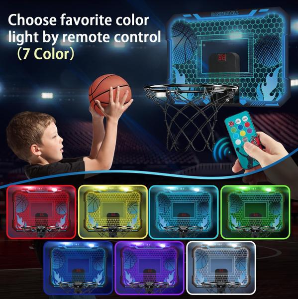 Imagem de Cesta de basquete coberta para crianças com 7 cores, luzes LED, mini cesta de basquete com controle remoto na porta, cesta de basquete com placar, brinquedos de basquete, presentes para meninos e meninas de 4 a 12 anos