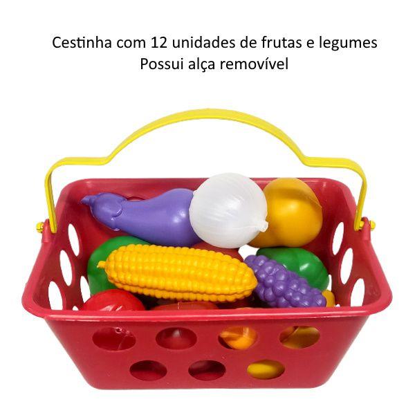 Imagem de Cesta de Compras com Verduras Legumes e Frutas Infantil Kit 13 Peças