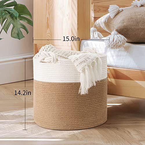 Imagem de Cesta de corda de algodão goodpick com alça para cesta de armazenamento de brinquedo de brinquedo de bebê Depósito de armazenamento cesta de armazenamento cesta macia caixas de armazenamento, 15''  15''  14,2'', Juta