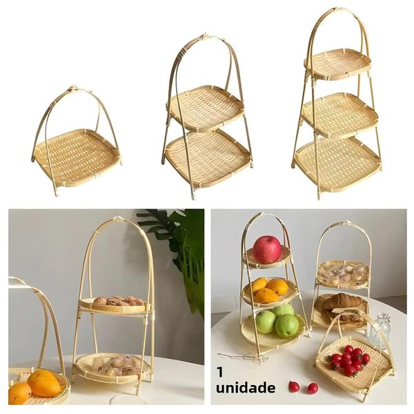 Cesta de Frutas de Bambu Tecida à Mão - 1/2/3 Camadas - Bandeja Decorativa para Servir Imagem de Cesta de Frutas de Bambu Tecida à Mão - 1/2/3 Camadas - Bandeja Decorativa para Servir