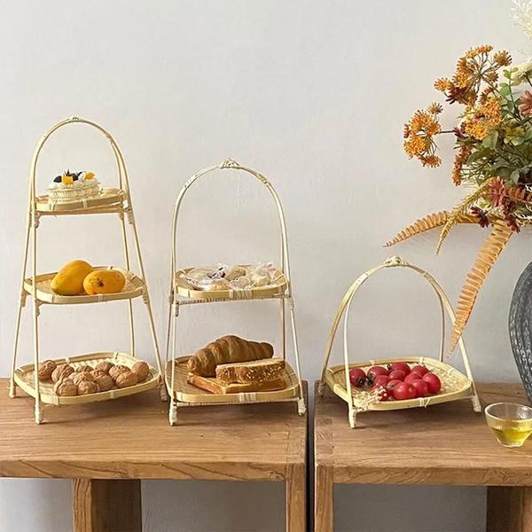 Cesta de Frutas de Bambu Tecida à Mão - 1/2/3 Camadas - Bandeja Decorativa para Servir Imagem de Cesta de Frutas de Bambu Tecida à Mão - 1/2/3 Camadas - Bandeja Decorativa para Servir