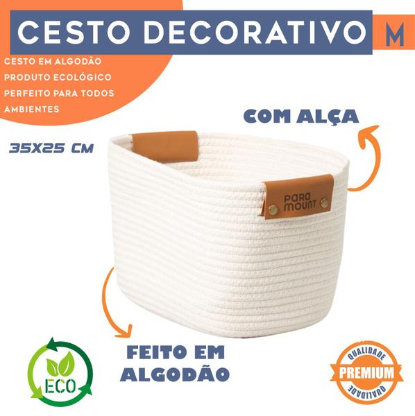 Imagem de Cesta Organizadora Multiuso Com Alça Cesto Decorativo Em Algodão 35x25 cm 20cm de Altura Diversas Cores