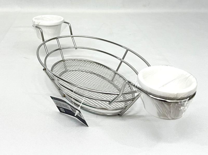 Cesta oval em aço inox com 2 molheiras em melamina Dynasty Fry Imagem de Cesta oval em aço inox com 2 molheiras em melamina Dynasty Fry