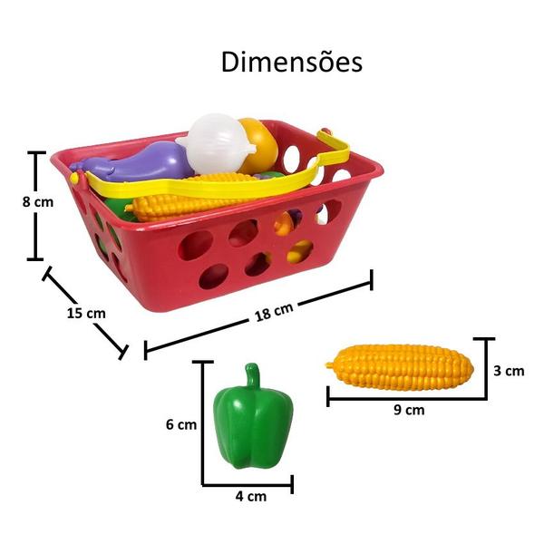 Imagem de Cestinha de Compras Brincadeira Infantil com 12 itens Legumes e Frutas