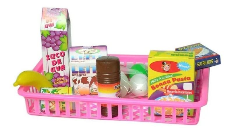 Imagem de Cestinha de Compras Infantil Mini Mercadinho com Comidinhas de Brinquedo 13 peças