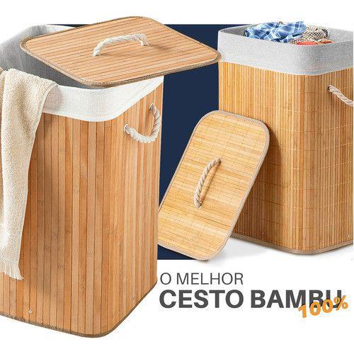 Imagem de Cesto Bambu Grande 60x40cm Jolitex Retangular Com Tampa Roupas Sujas Forrado Banheiro Lavanderia